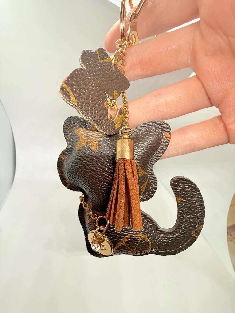Unbranded Cat Keychain Monogram PU Leather Tassel Pendant Brown